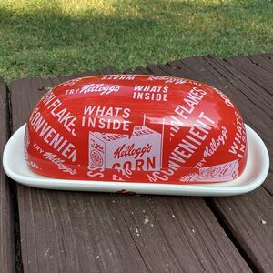 Kellogg’s Corn Flakes retro butter dish w/ lid – red/white ceramic 9”